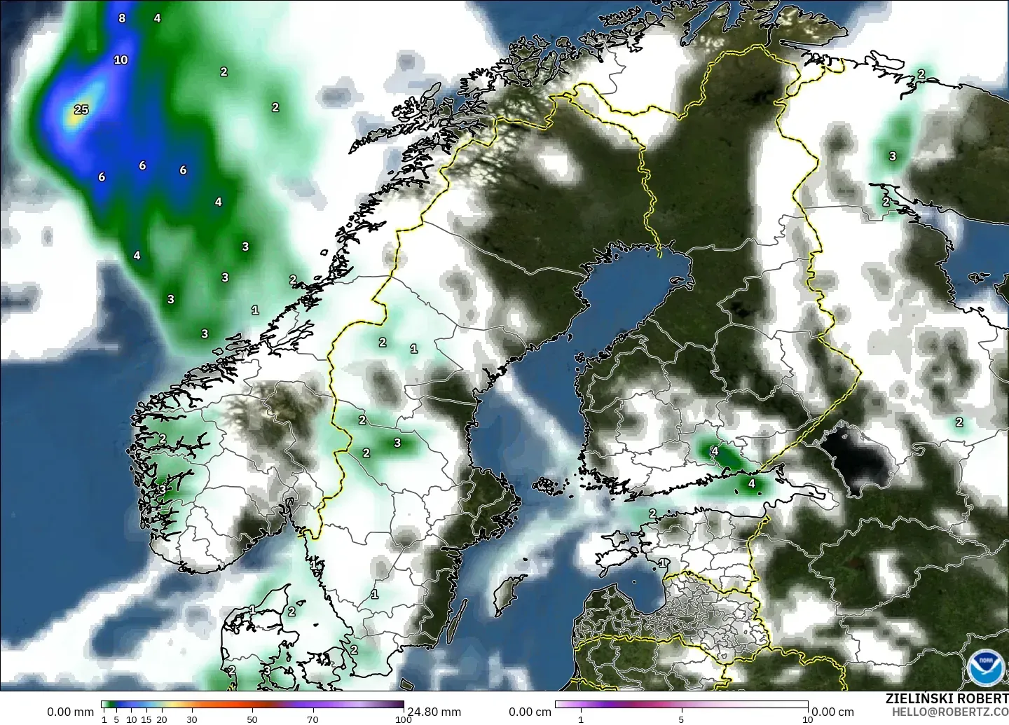 GFS modelo - Escandinavia, Precipitación, nubes y presión