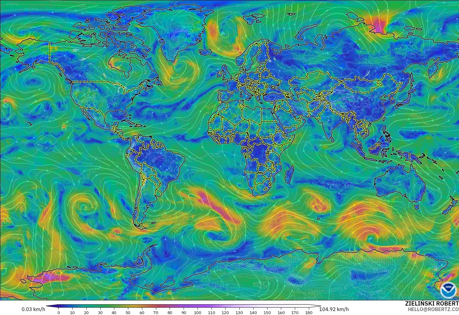 GFS modelo - Mundo, Viento a 10 m