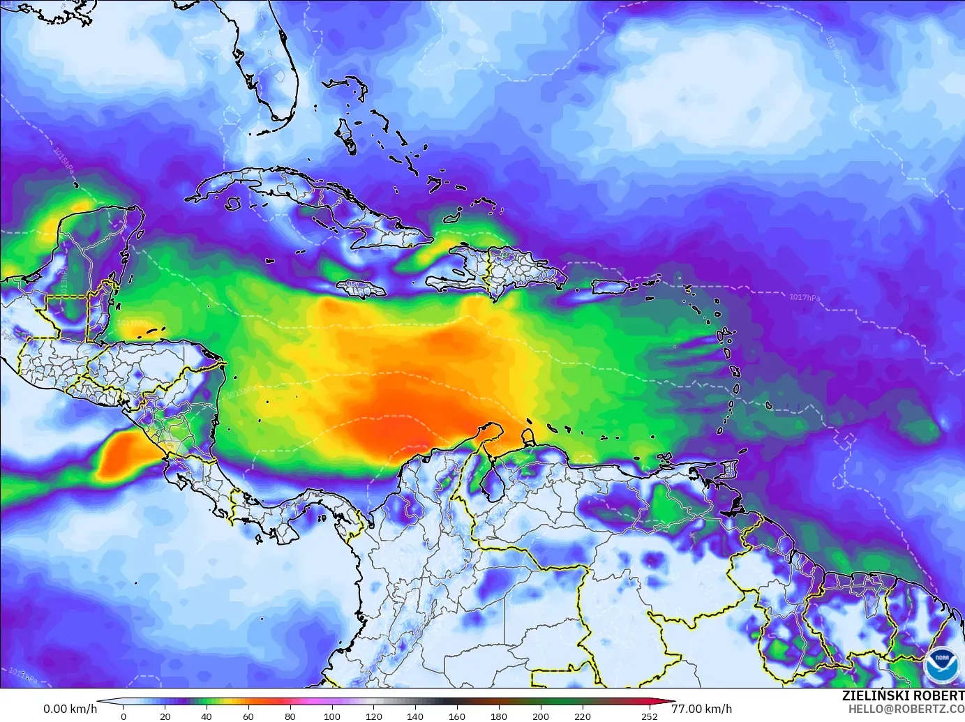 GFS modelo - Caribe, Ráfagas de viento