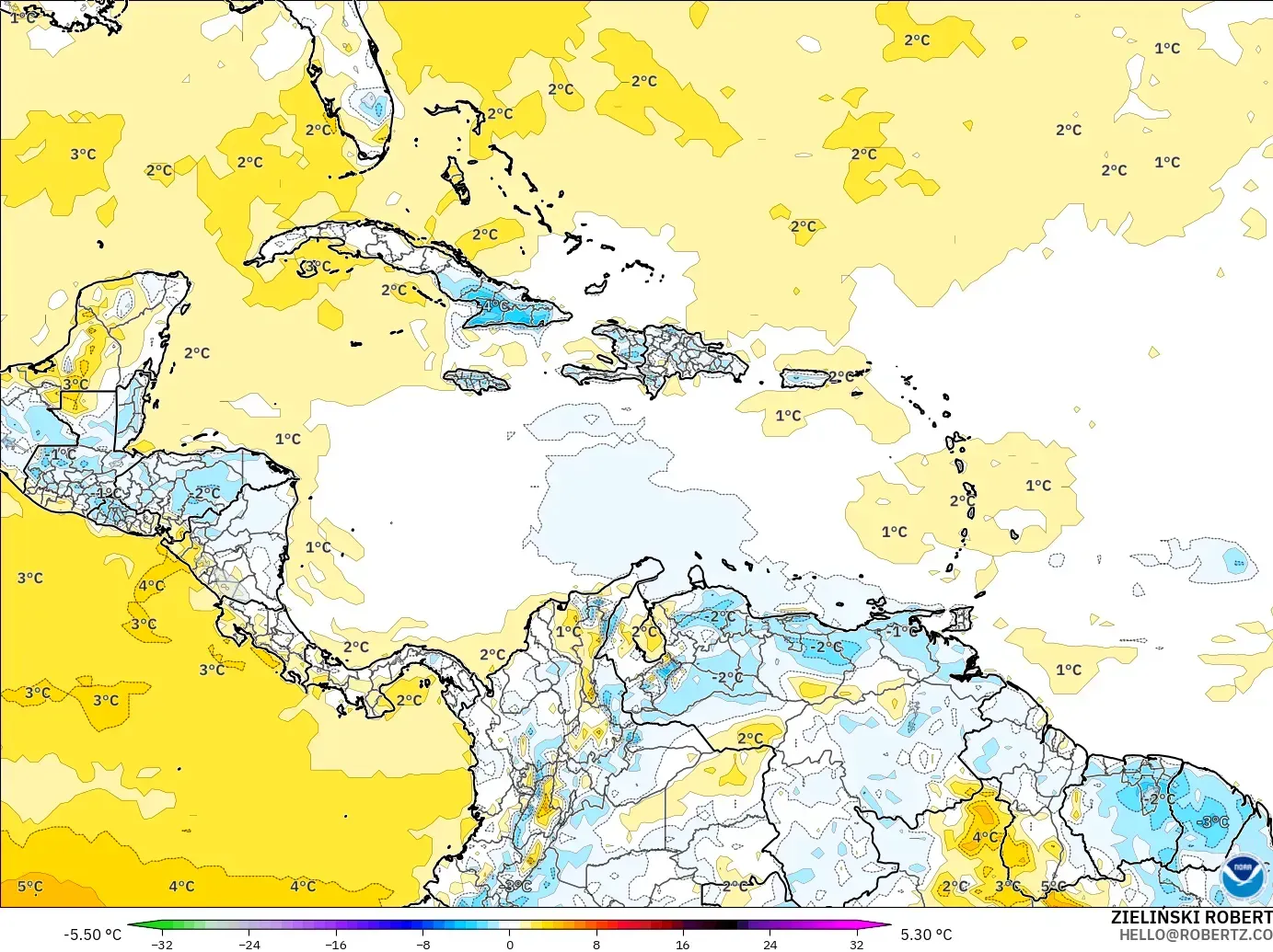 GFS modelo - Caribe, Anomalía de temperatura a 2 m
