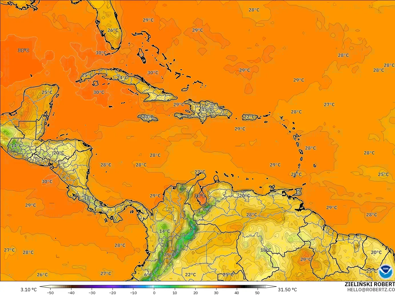 GFS modelo - Caribe, Temperatura a 2 m