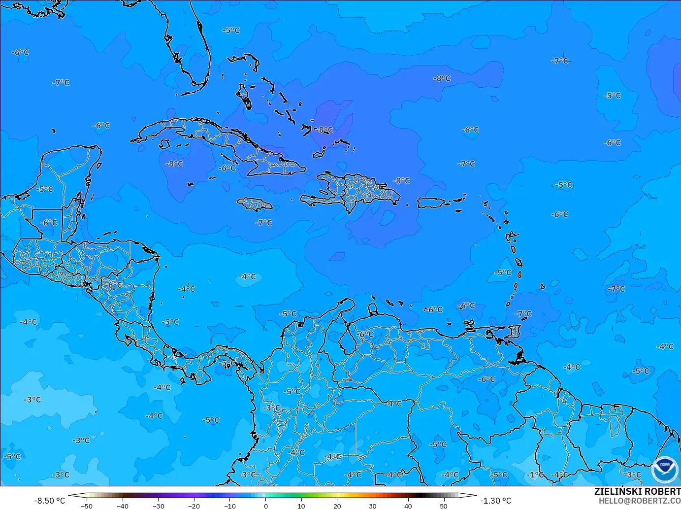 GFS modelo - Caribe, Temperatura a 500 hPa