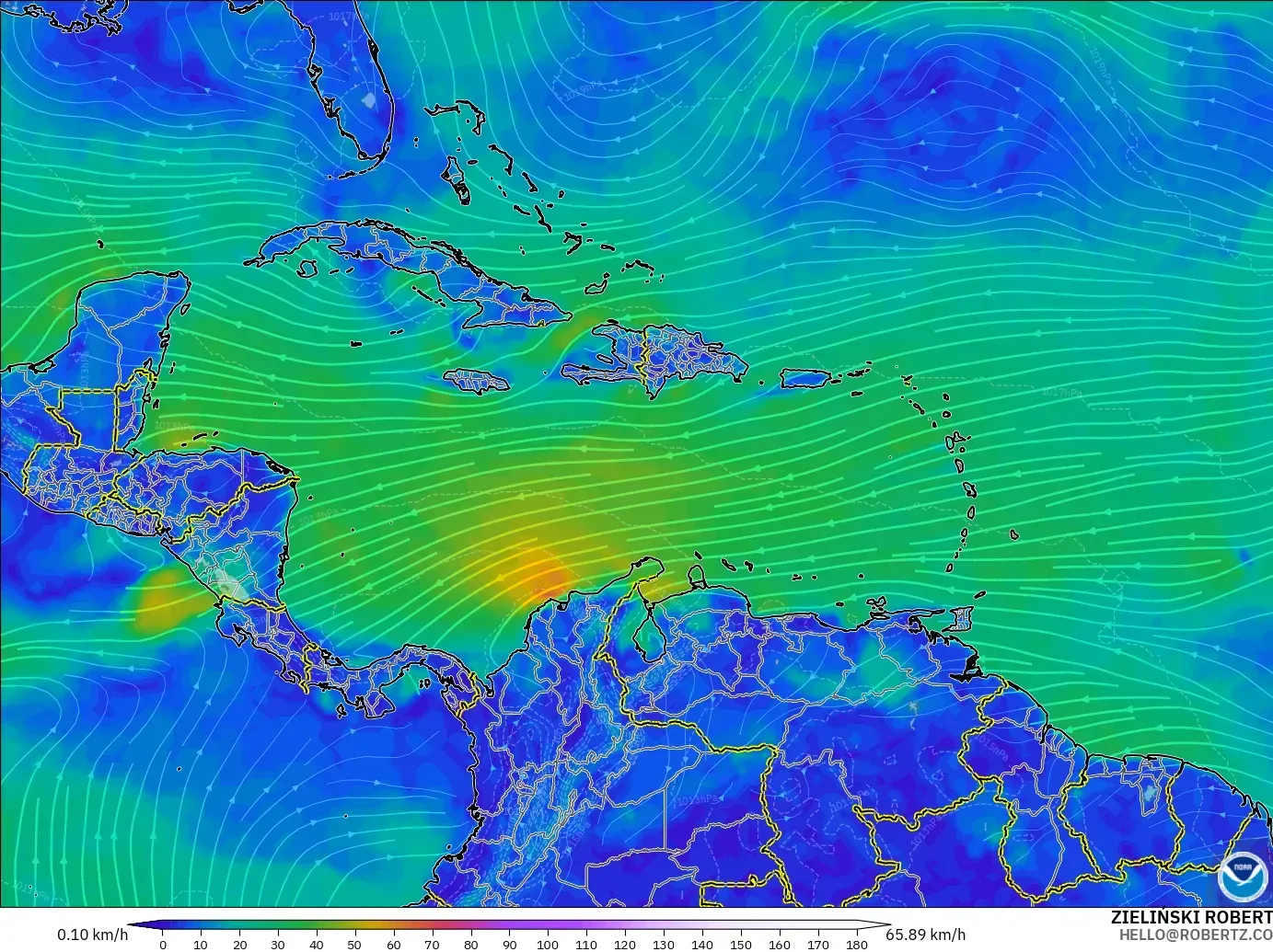 GFS modelo - Caribe, Viento a 10 m