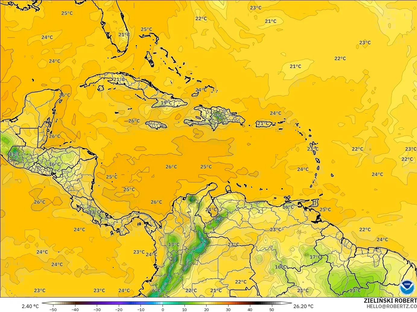 GFS modelo - Caribe, Punto de rocío a 2 m