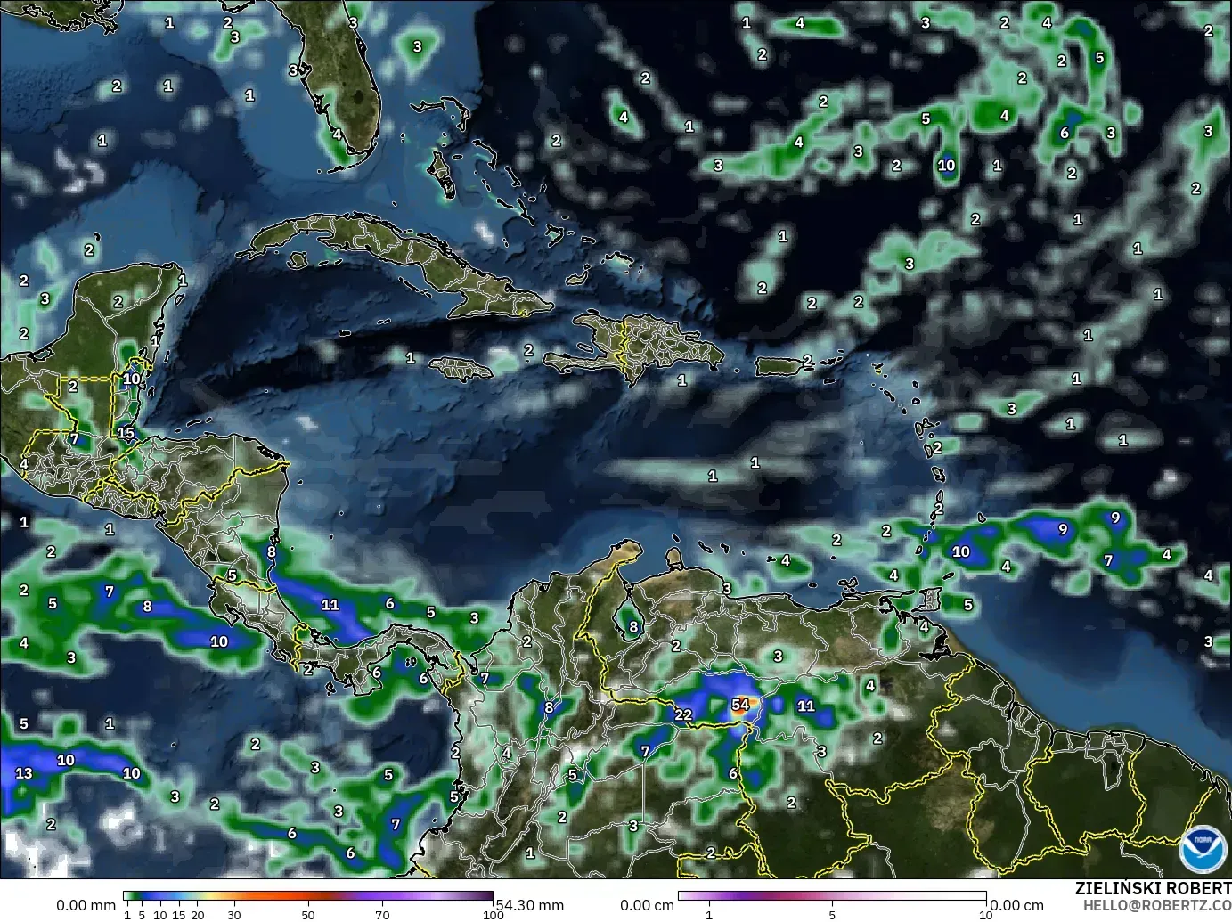 GFS modelo - Caribe, Precipitación, nubes y presión