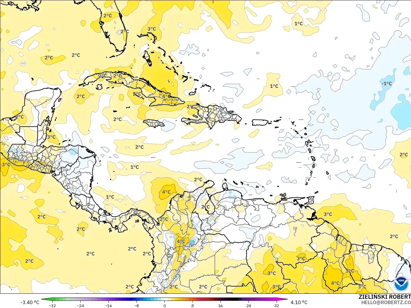 GFS modelo - Caribe, Anomalía de temperatura a 850 hPa