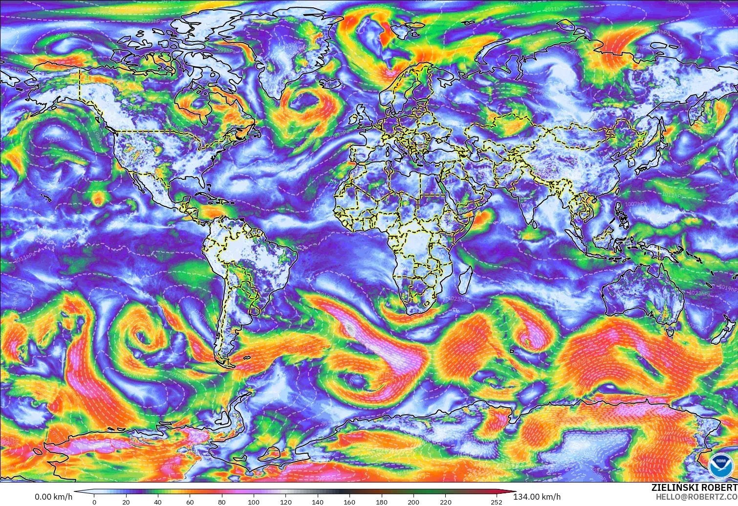 GFS modelo - Mundo, Ráfagas de viento