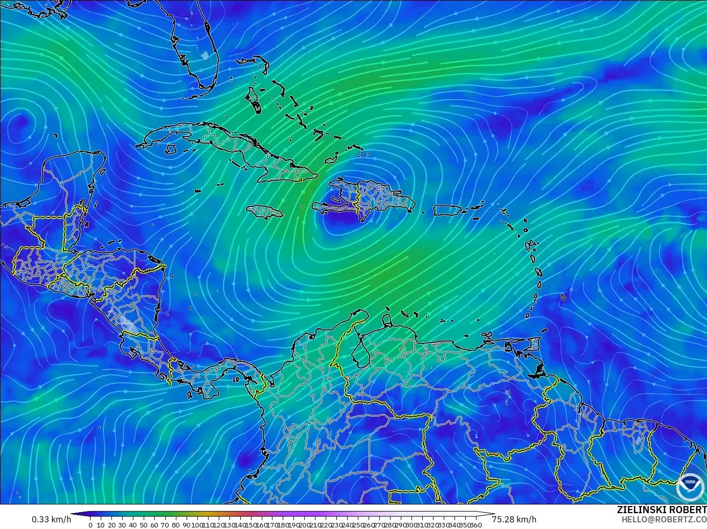 GFS modelo - Caribe, Viento a 300 hPa (corriente en chorro)