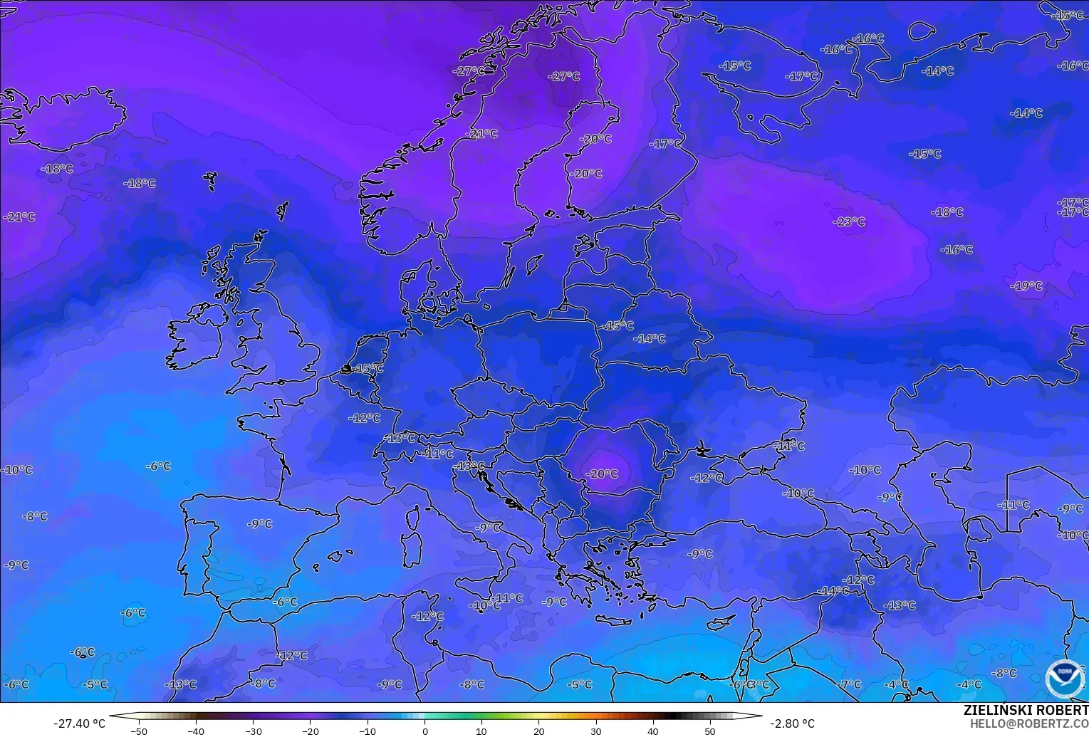 GFS modelo - Europa, Temperatura a 500 hPa