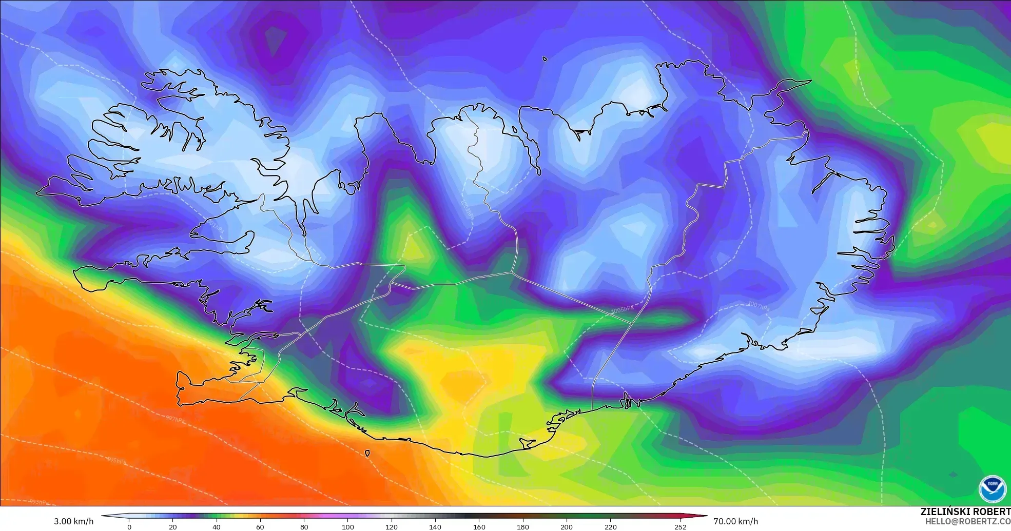 GFS modelo - Islandia, Ráfagas de viento