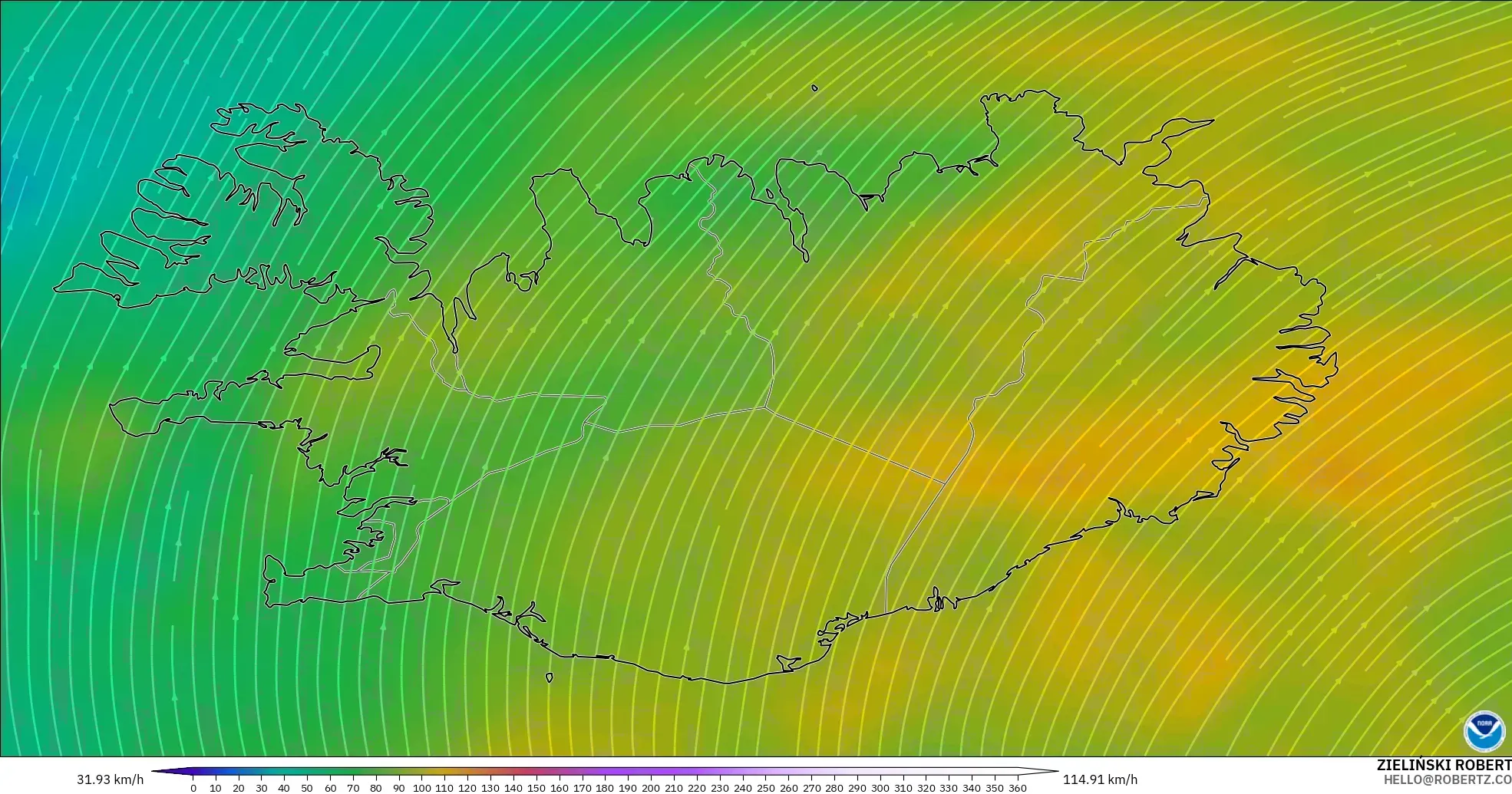 GFS modelo - Islandia, Viento a 300 hPa (corriente en chorro)