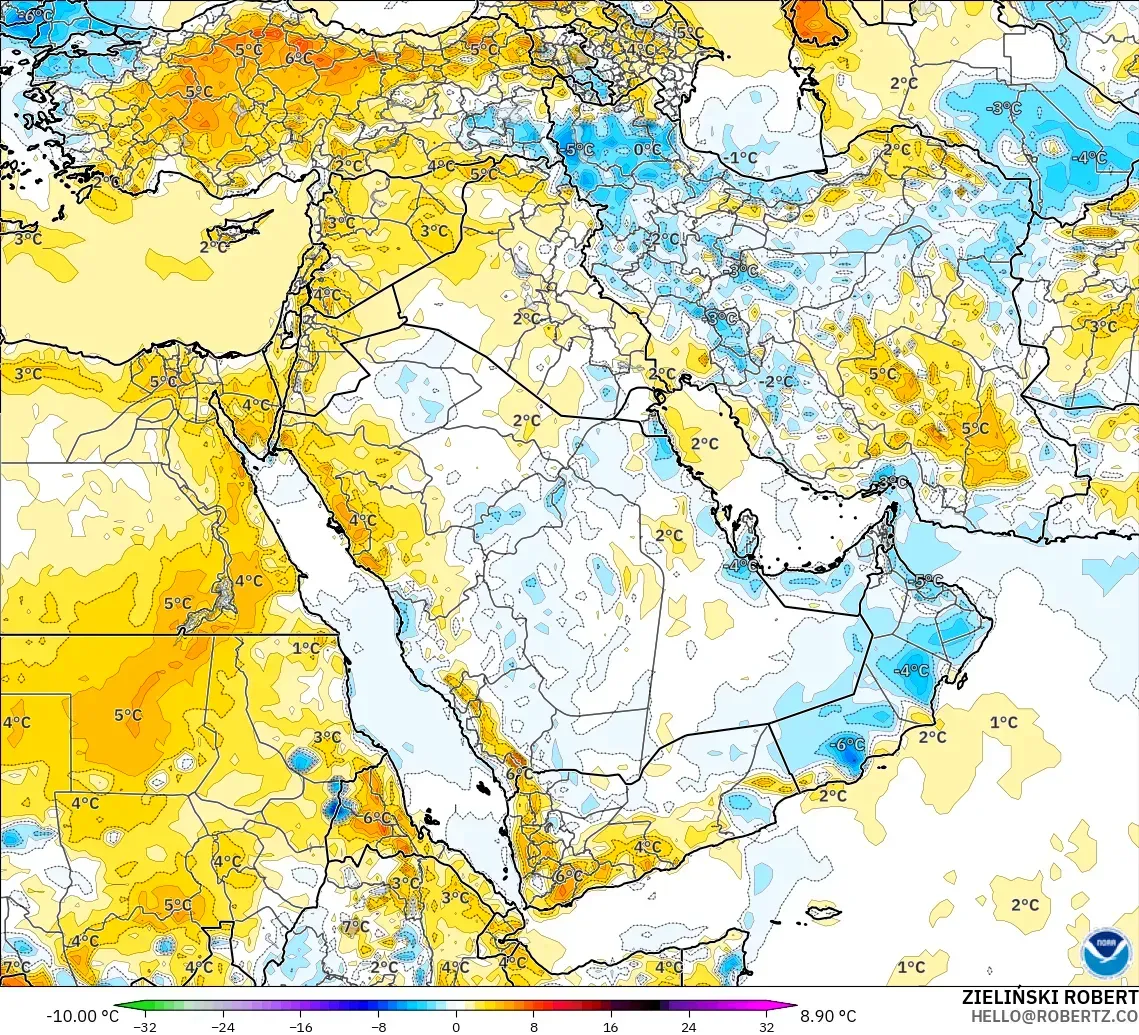 GFS modelo - Oriente Medio, Anomalía de temperatura a 2 m