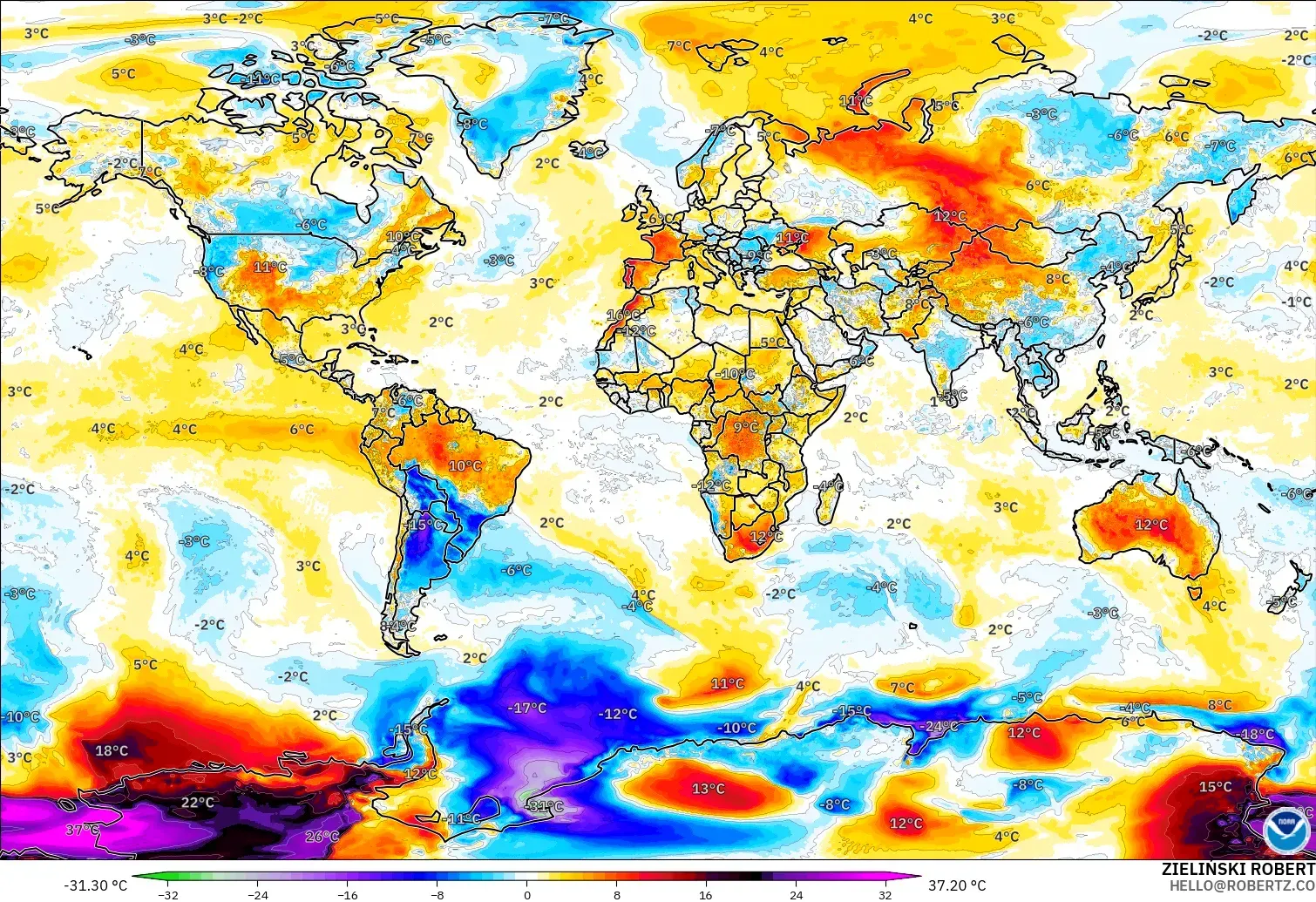 GFS modelo - Mundo, Anomalía de temperatura a 2 m