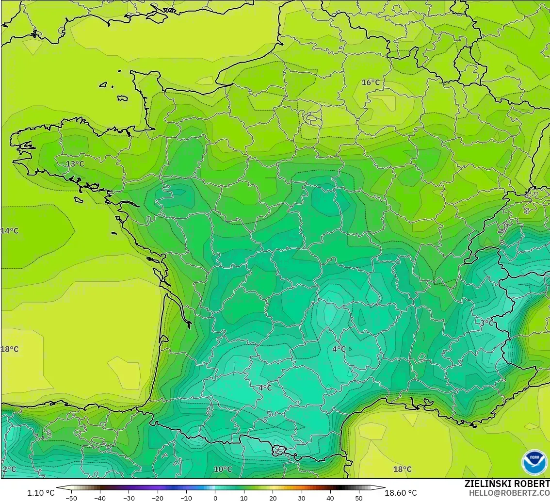 GFS modelo - Francia, Punto de rocío a 2 m