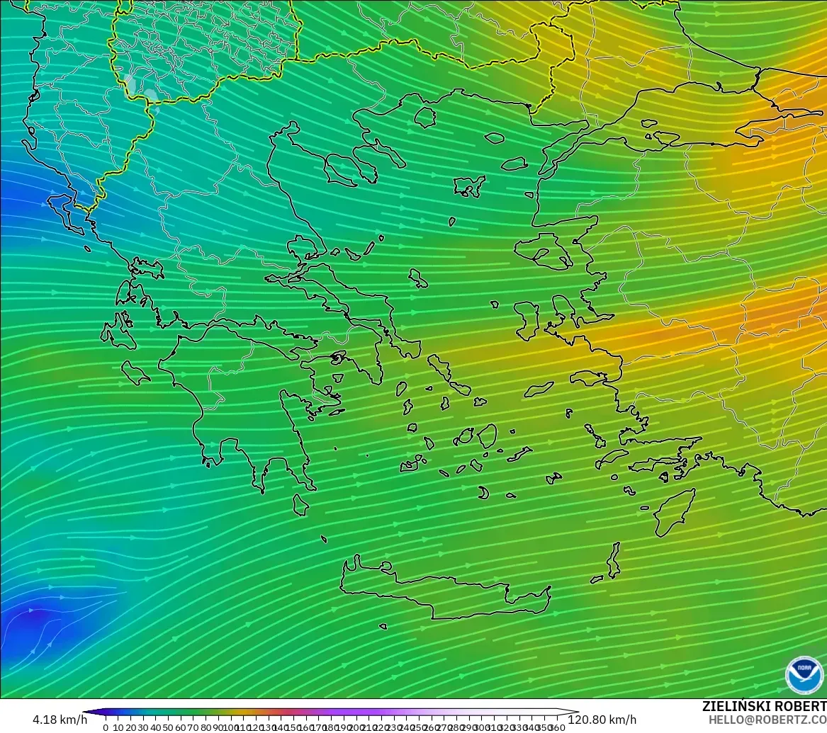 GFS modelo - Grecia, Viento a 300 hPa (corriente en chorro)