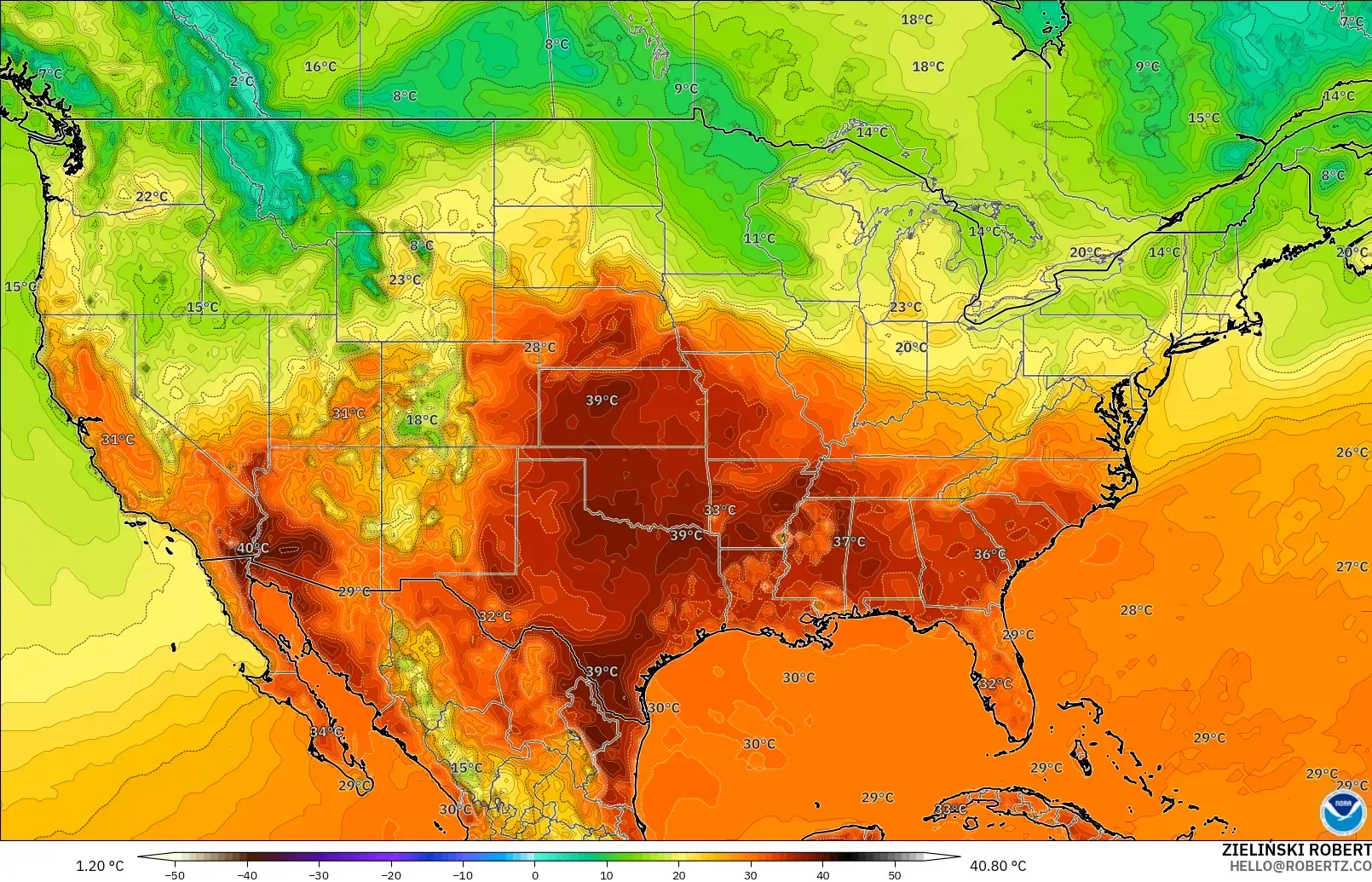 GFS modelo - Estados Unidos, Temperatura a 2 m