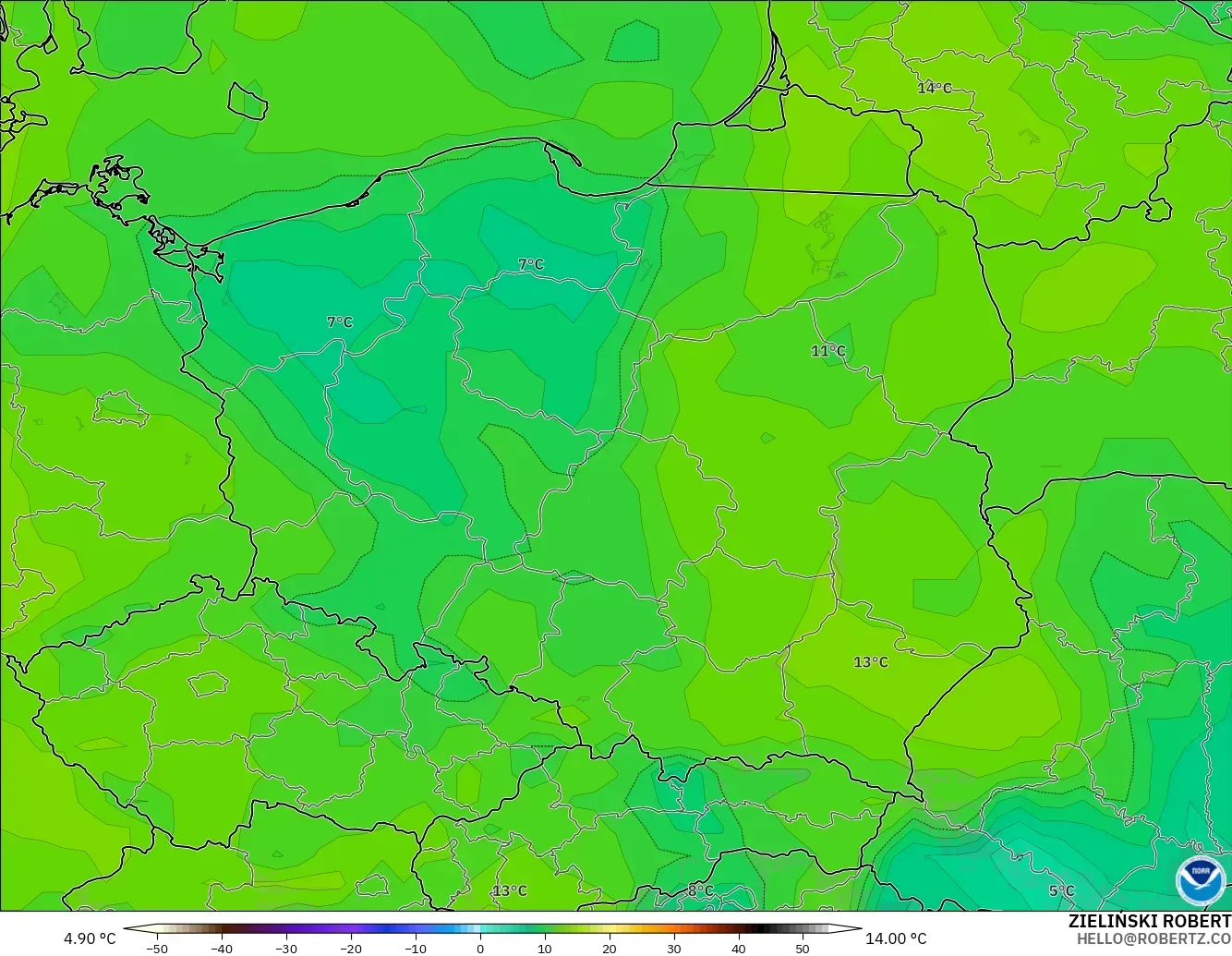 GFS modelo - Polonia, Punto de rocío a 2 m