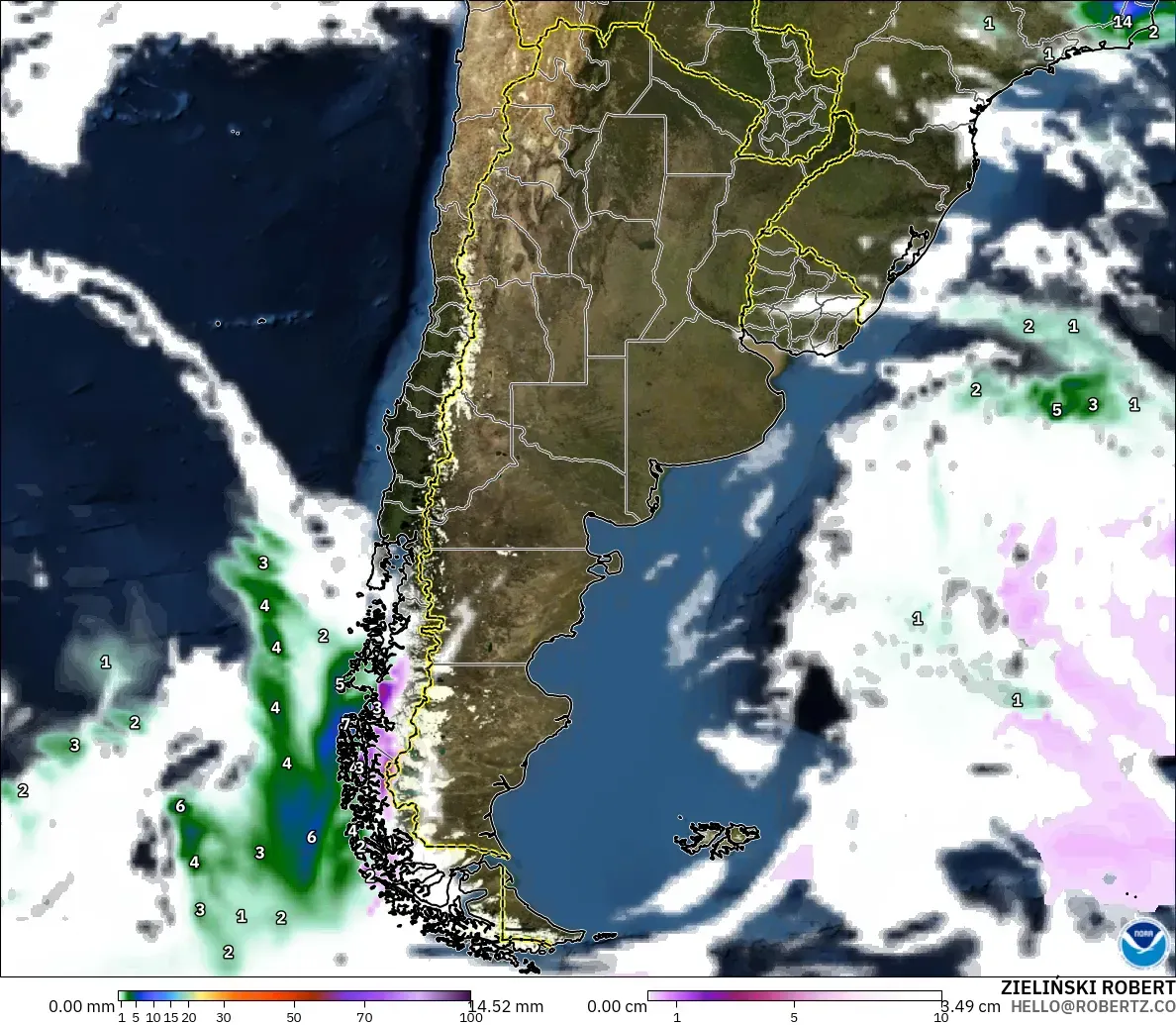 GFS modelo - Argentina, Precipitación, nubes y presión