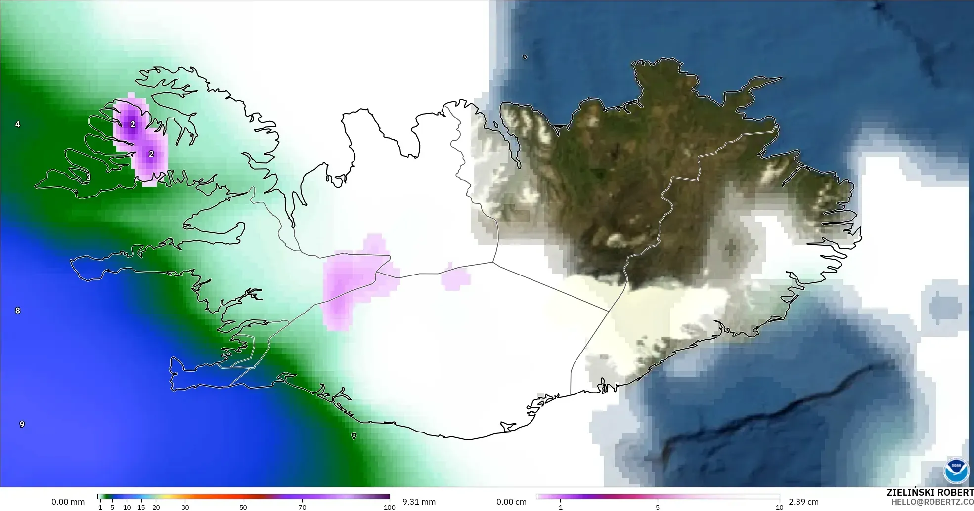 GFS modelo - Islandia, Precipitación, nubes y presión