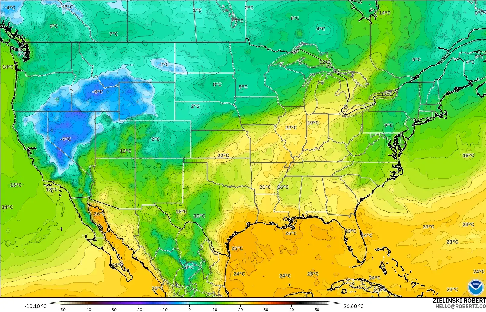 GFS modelo - Estados Unidos, Punto de rocío a 2 m