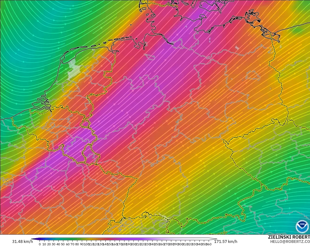 GFS modelo - Alemania, Viento a 300 hPa (corriente en chorro)
