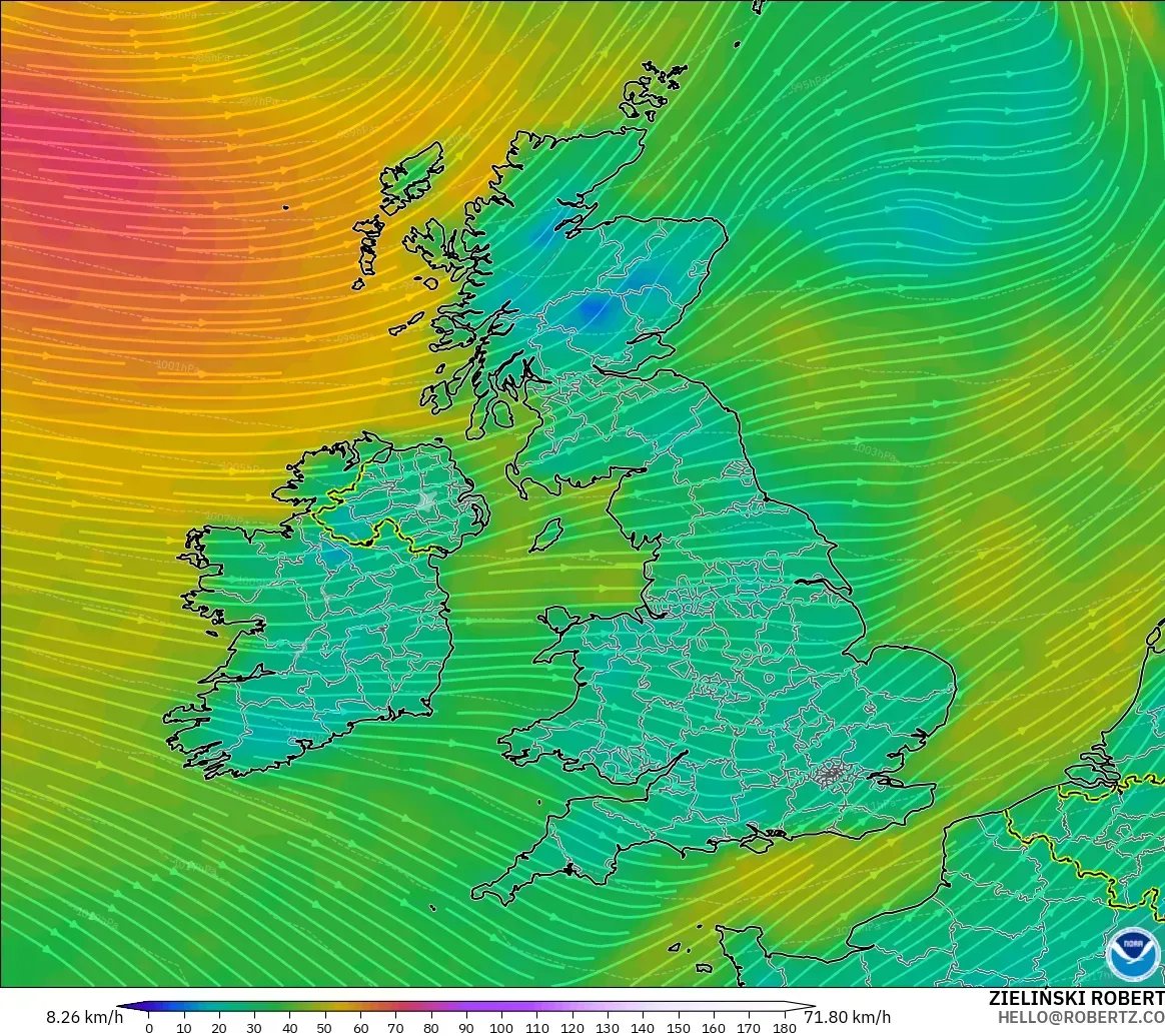 GFS modelo - Reino Unido, Viento a 10 m