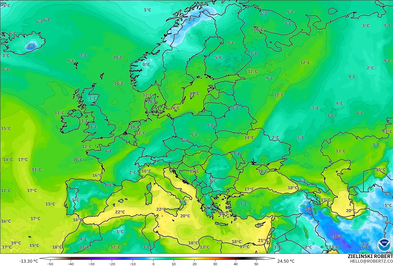 GFS modelo - Europa, Punto de rocío a 2 m