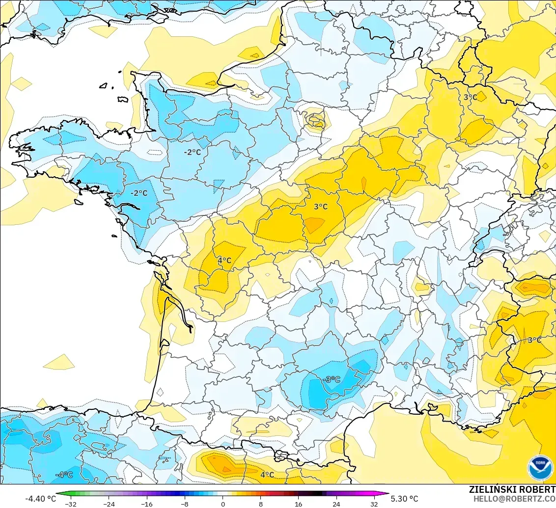 GFS modelo - Francia, Anomalía de temperatura a 2 m