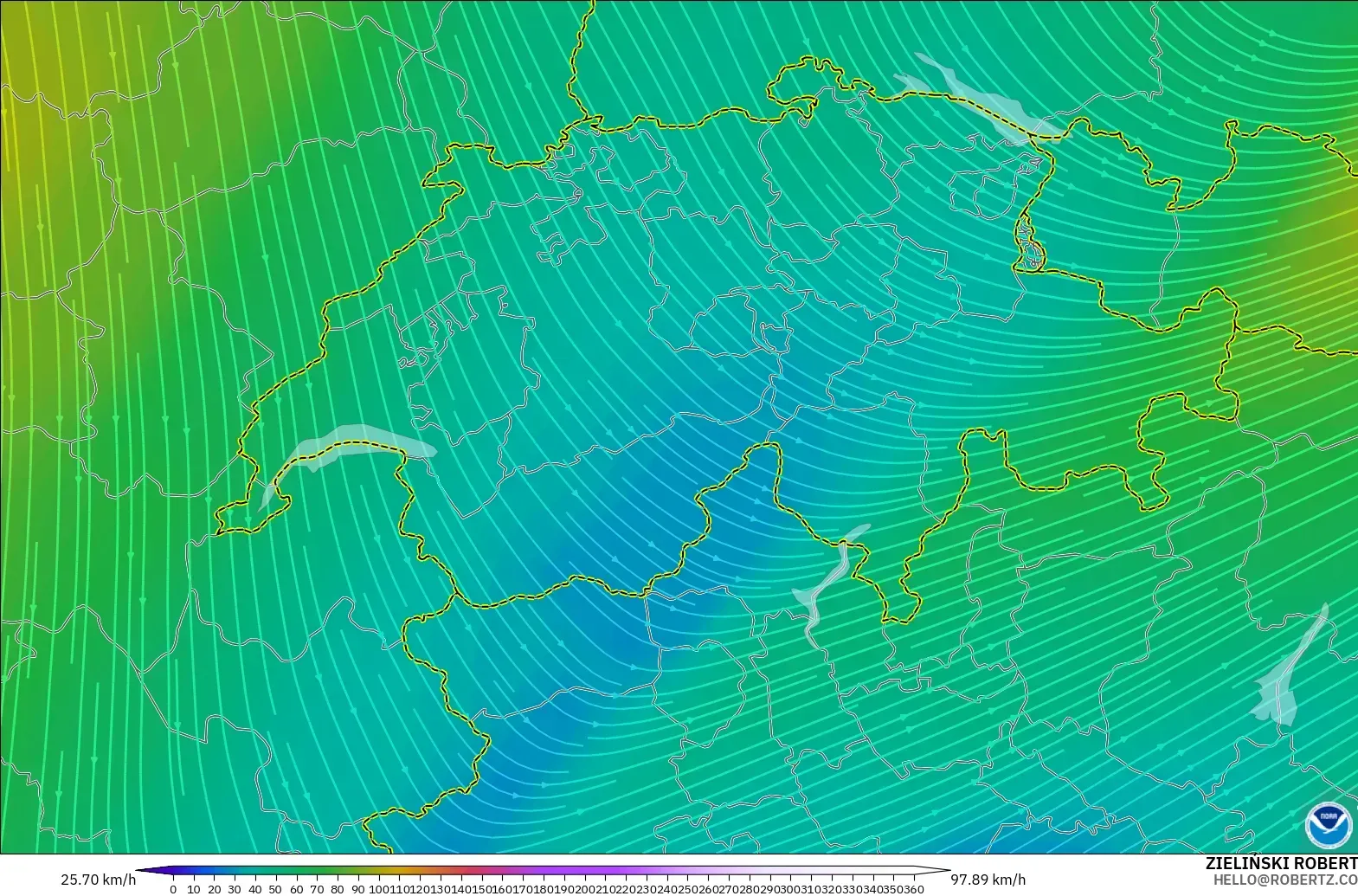 GFS modelo - Suiza, Viento a 300 hPa (corriente en chorro)