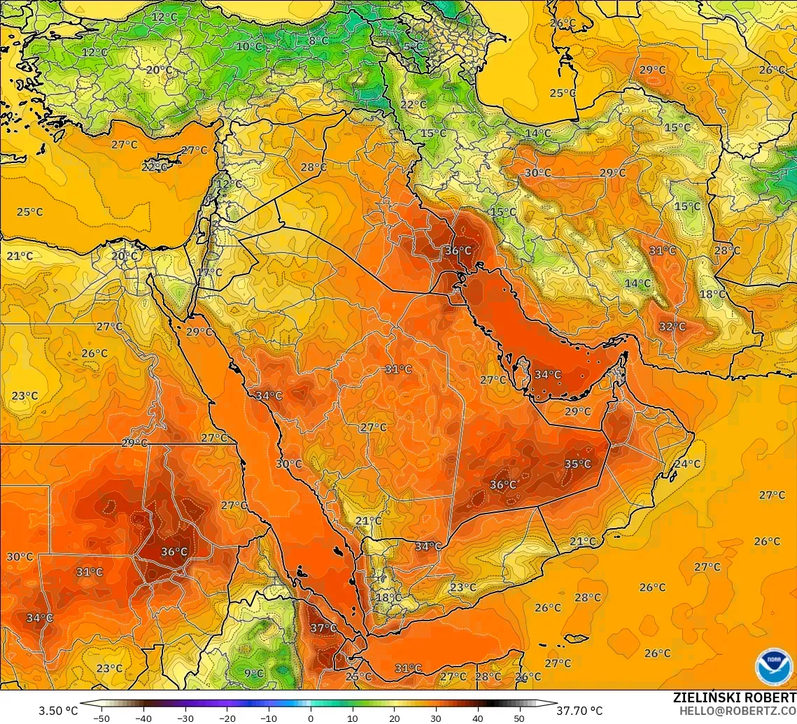 GFS modelo - Oriente Medio, Temperatura a 2 m