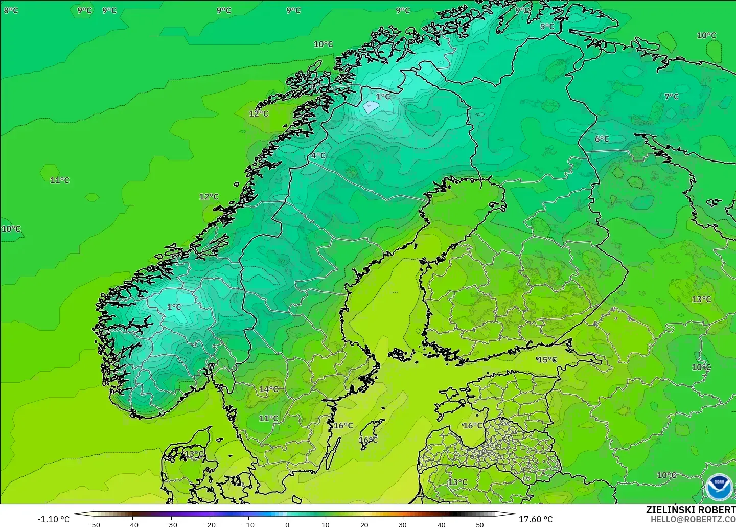 GFS modelo - Escandinavia, Temperatura a 2 m