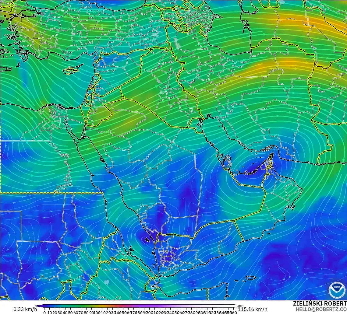 GFS modelo - Oriente Medio, Viento a 300 hPa (corriente en chorro)
