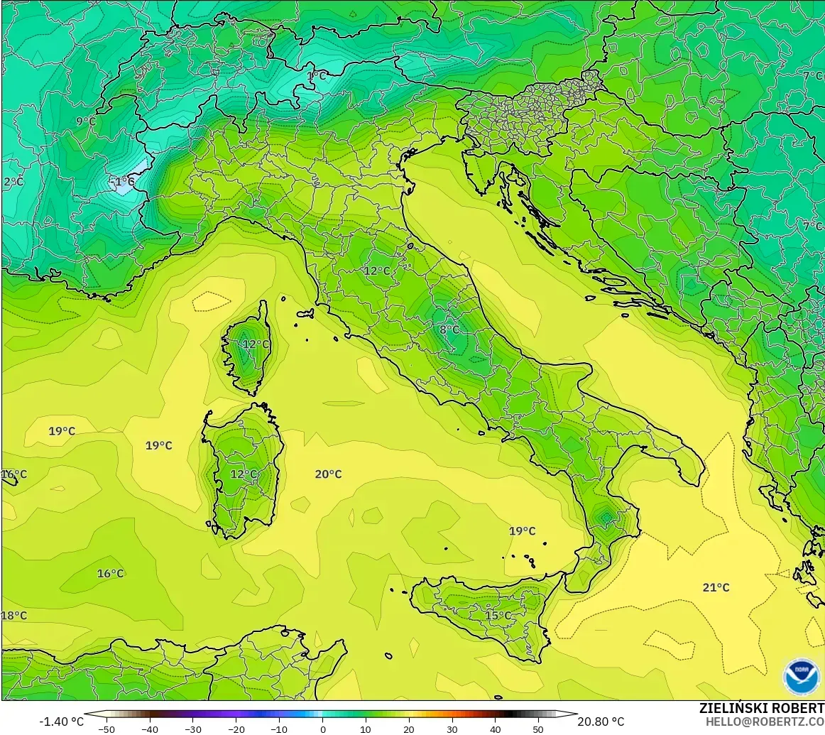 GFS modelo - Italia, Punto de rocío a 2 m