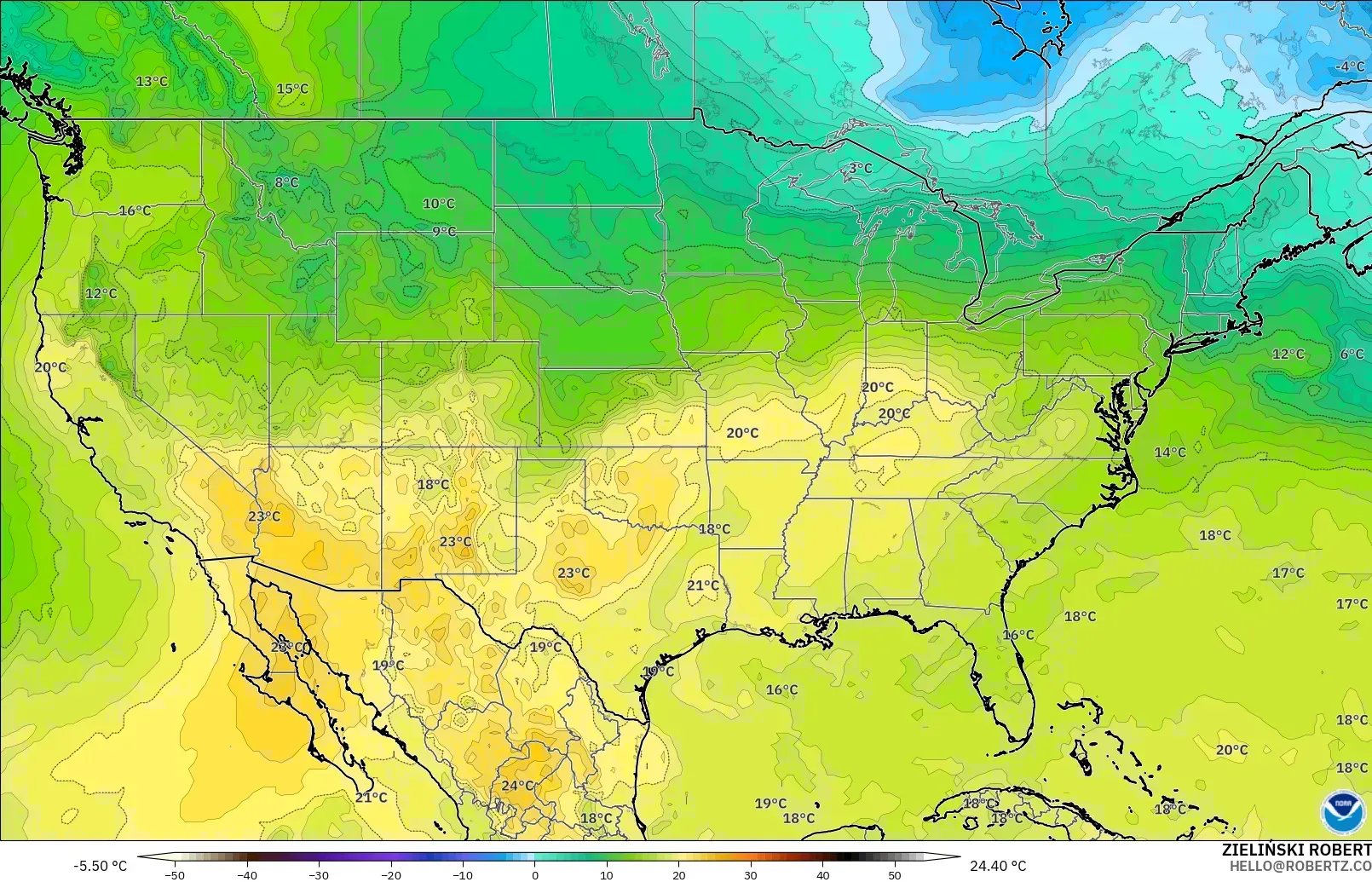 GFS modelo - Estados Unidos, Temperatura a 850 hPa