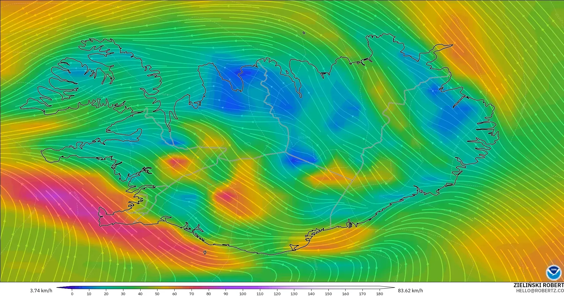 GFS modelo - Islandia, Viento a 10 m