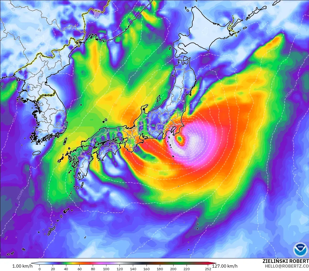 GFS modelo - Japón, Ráfagas de viento