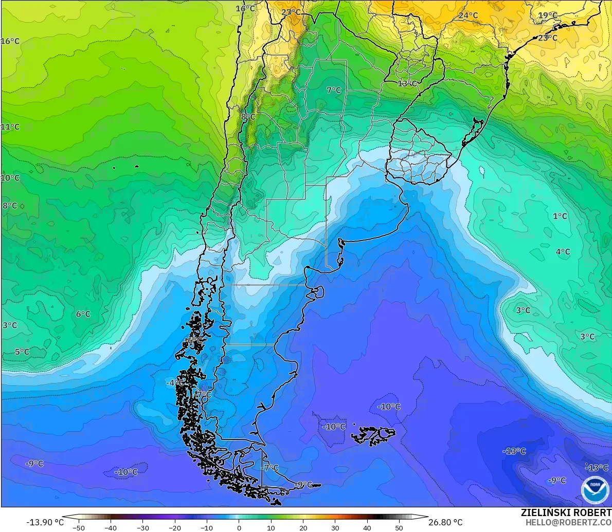GFS modelo - Argentina, Temperatura a 850 hPa