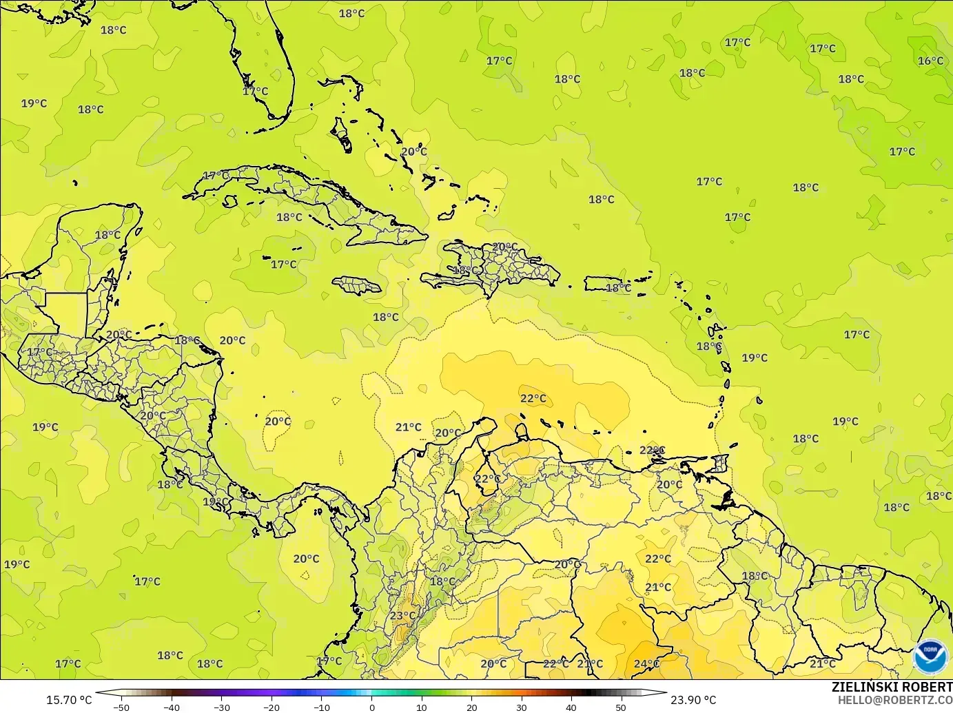 GFS modelo - Caribe, Temperatura a 850 hPa