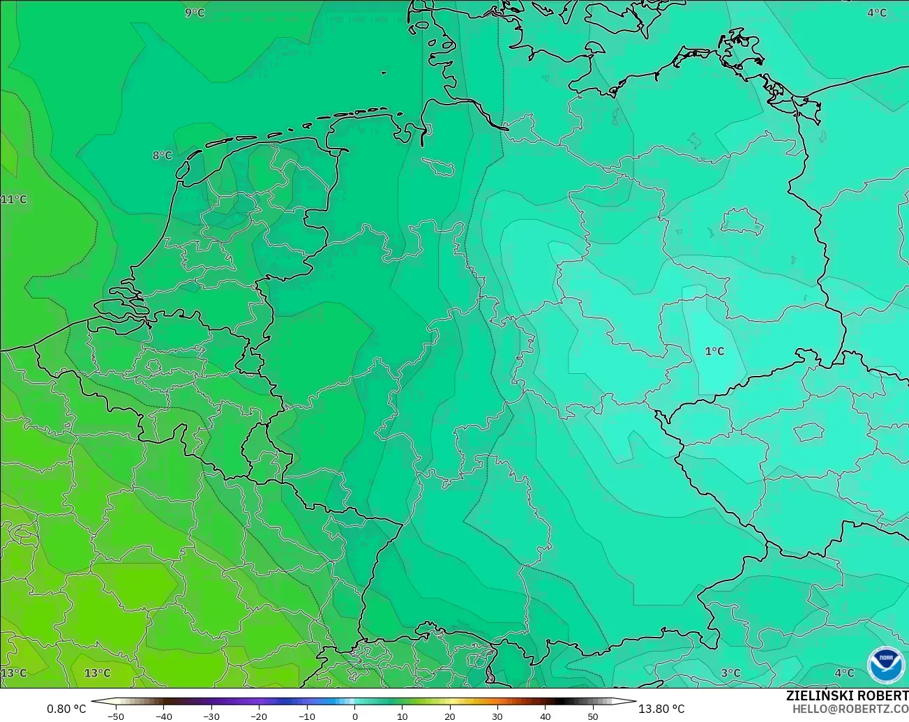GFS modelo - Alemania, Temperatura a 850 hPa
