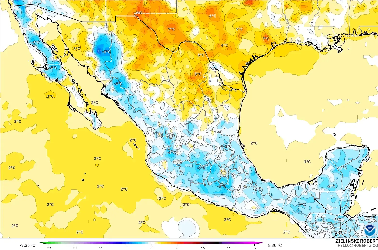 GFS modelo - México, Anomalía de temperatura a 2 m