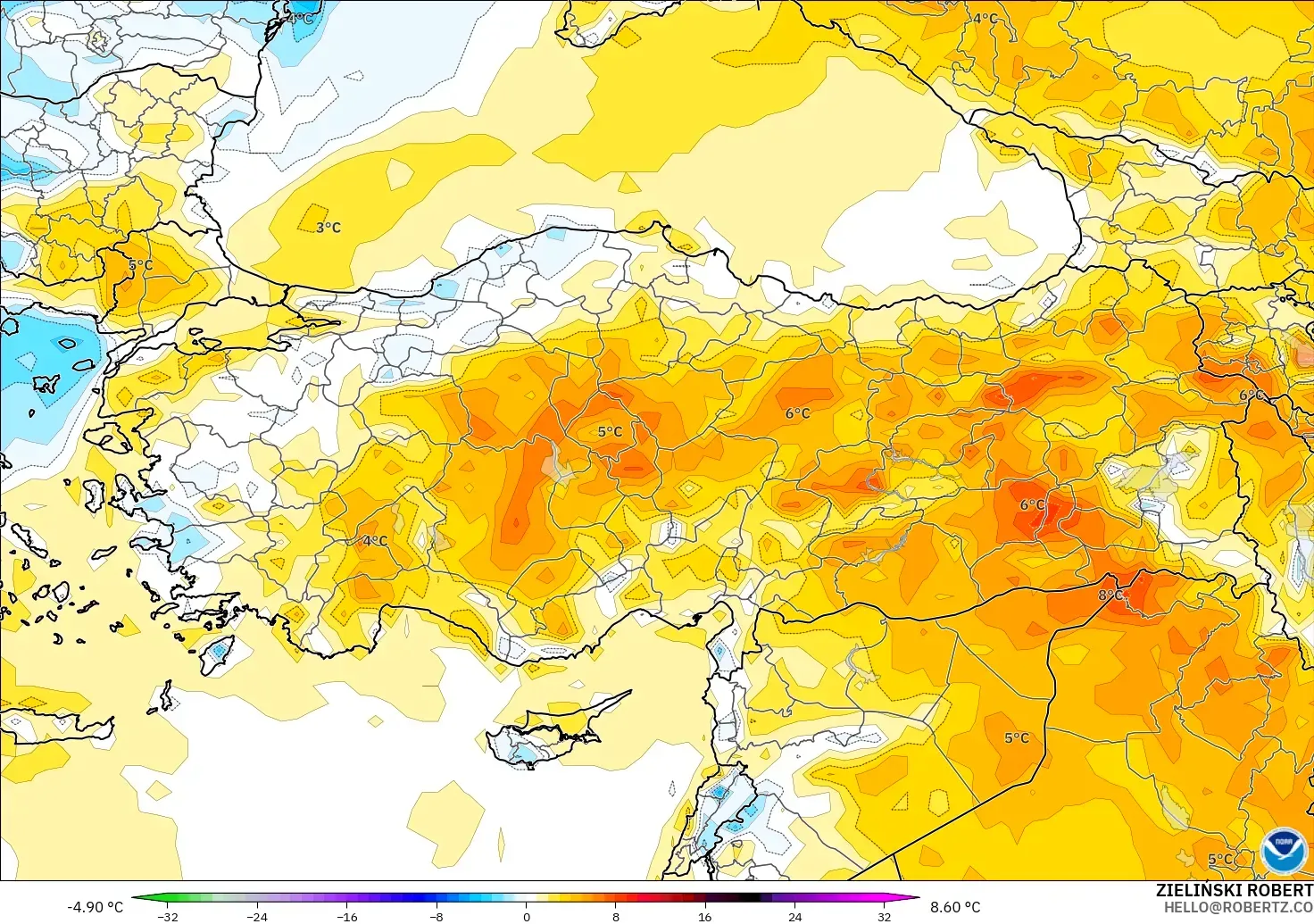 GFS modelo - Turquía, Anomalía de temperatura a 2 m