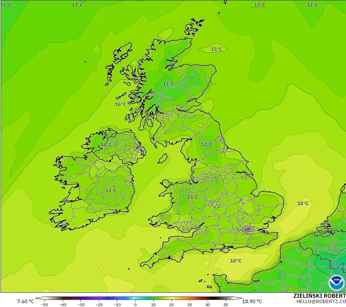 GFS modelo - Reino Unido, Temperatura a 2 m