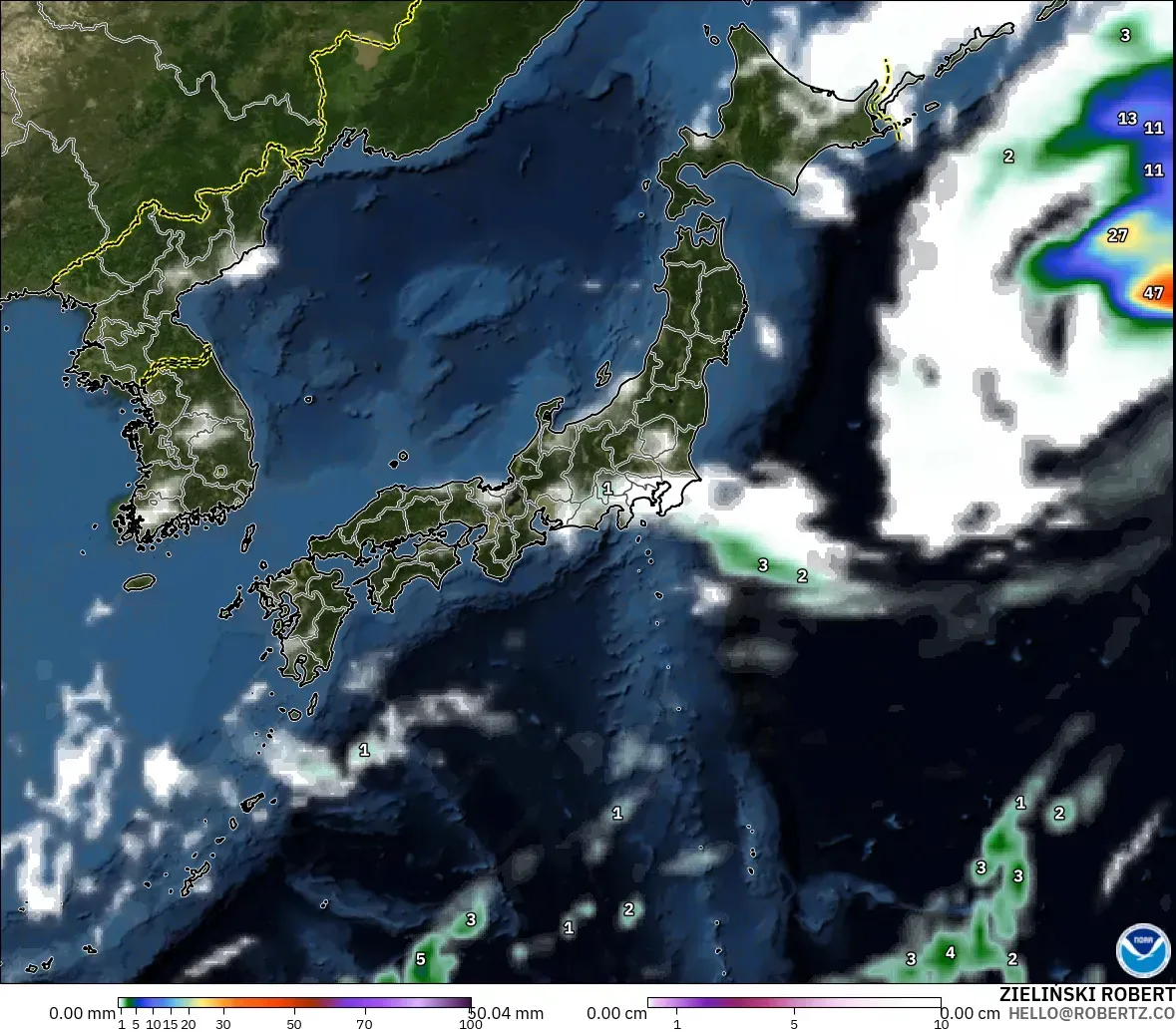 GFS modelo - Japón, Precipitación, nubes y presión