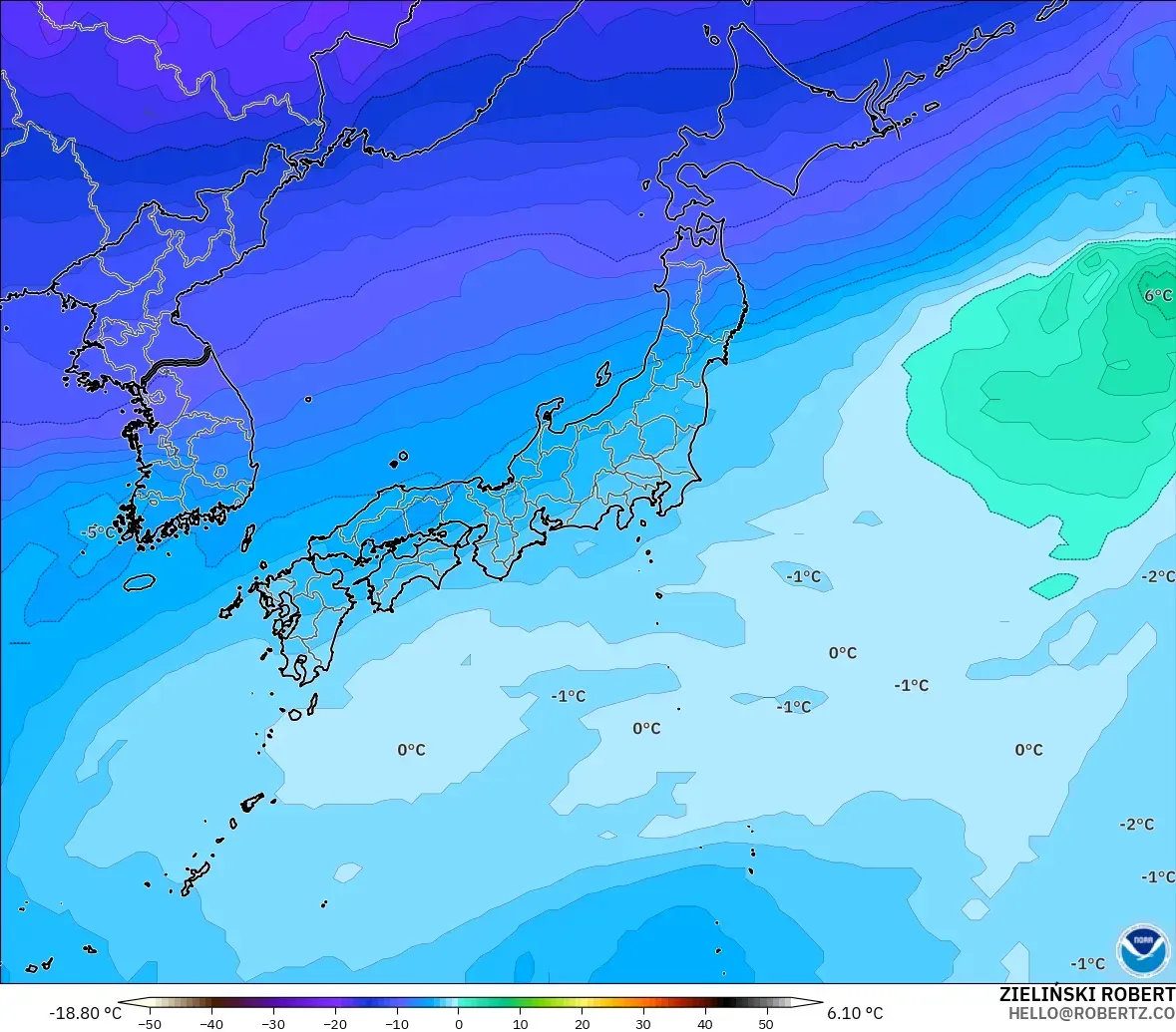 GFS modelo - Japón, Temperatura a 500 hPa