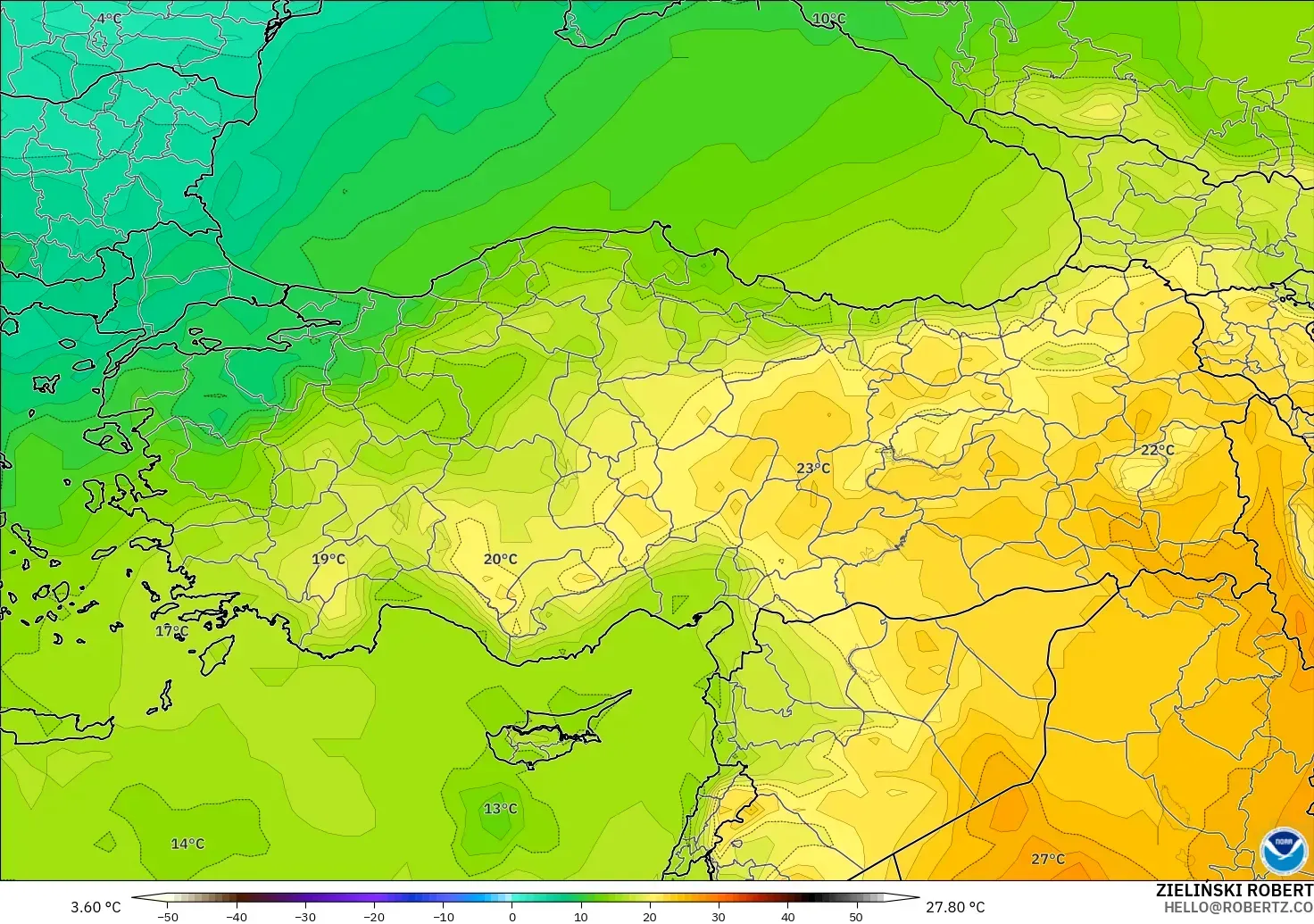 GFS modelo - Turquía, Temperatura a 850 hPa