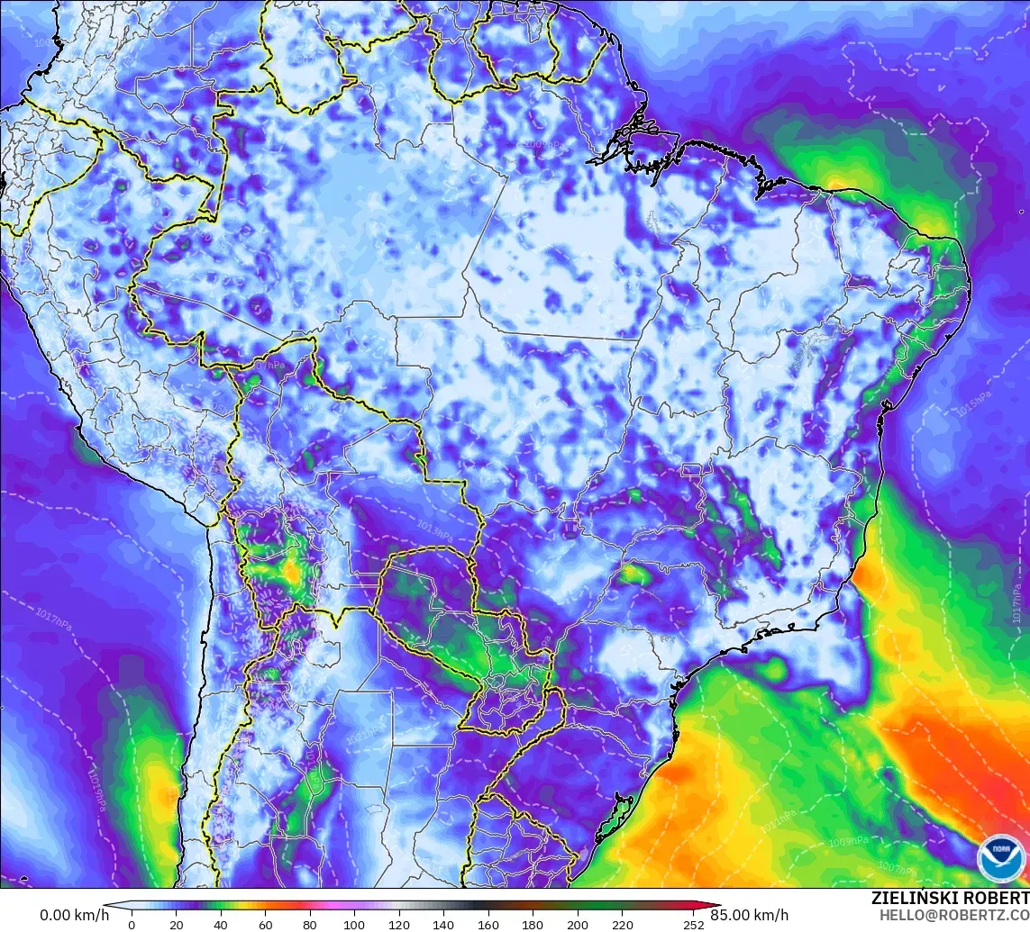 GFS modelo - Brasil, Ráfagas de viento