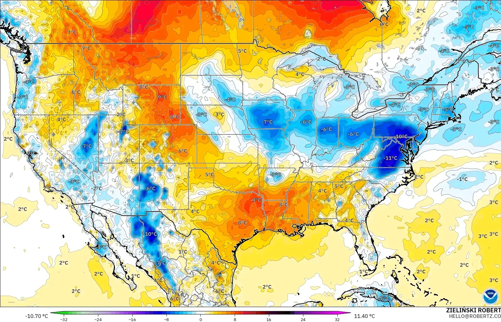 GFS modelo - Estados Unidos, Anomalía de temperatura a 2 m