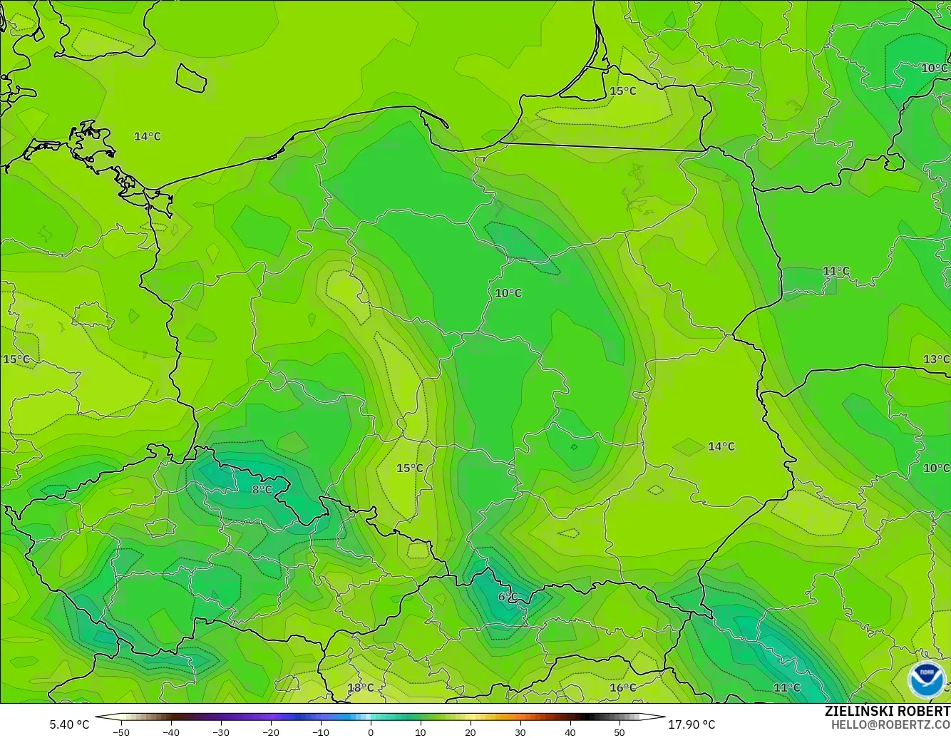 GFS modelo - Polonia, Temperatura a 2 m