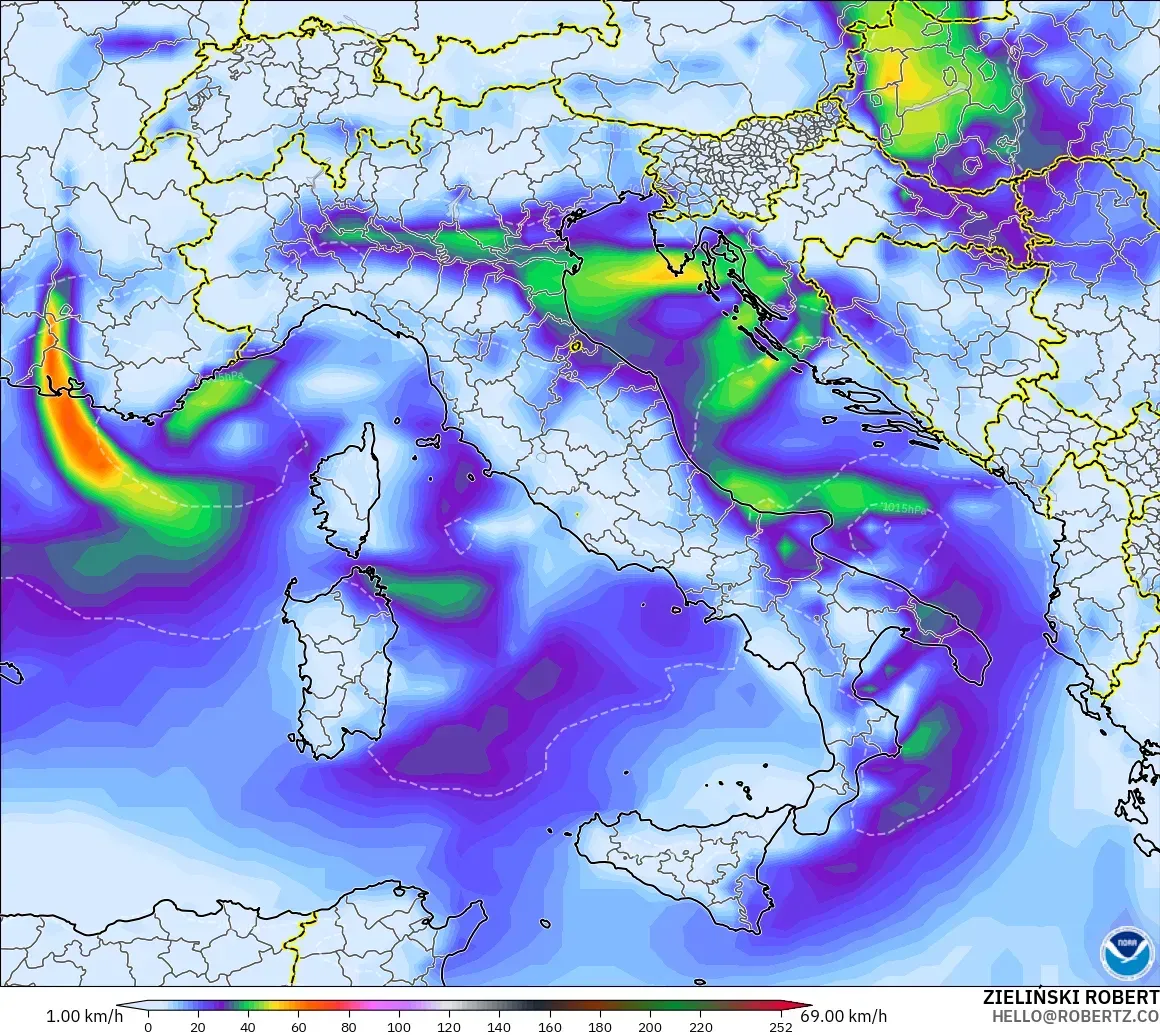 GFS modelo - Italia, Ráfagas de viento