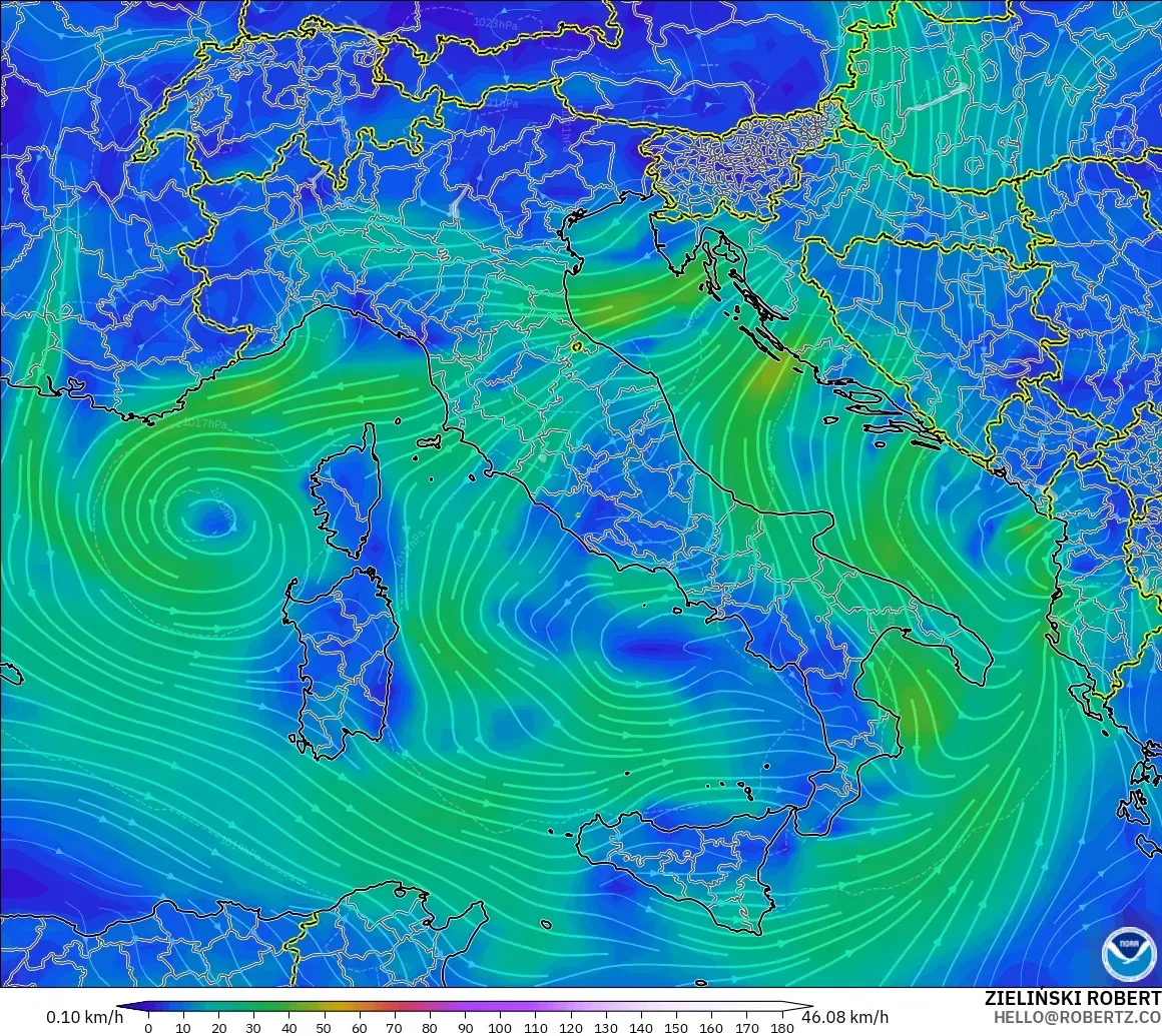 GFS modelo - Italia, Viento a 10 m